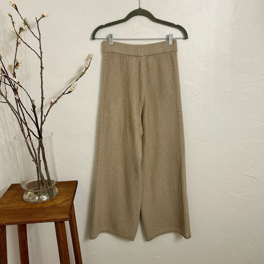 Women's Sweater Pants Beige Sz Small Wide Leg Cable Knit Trim Warm Textured Cozy